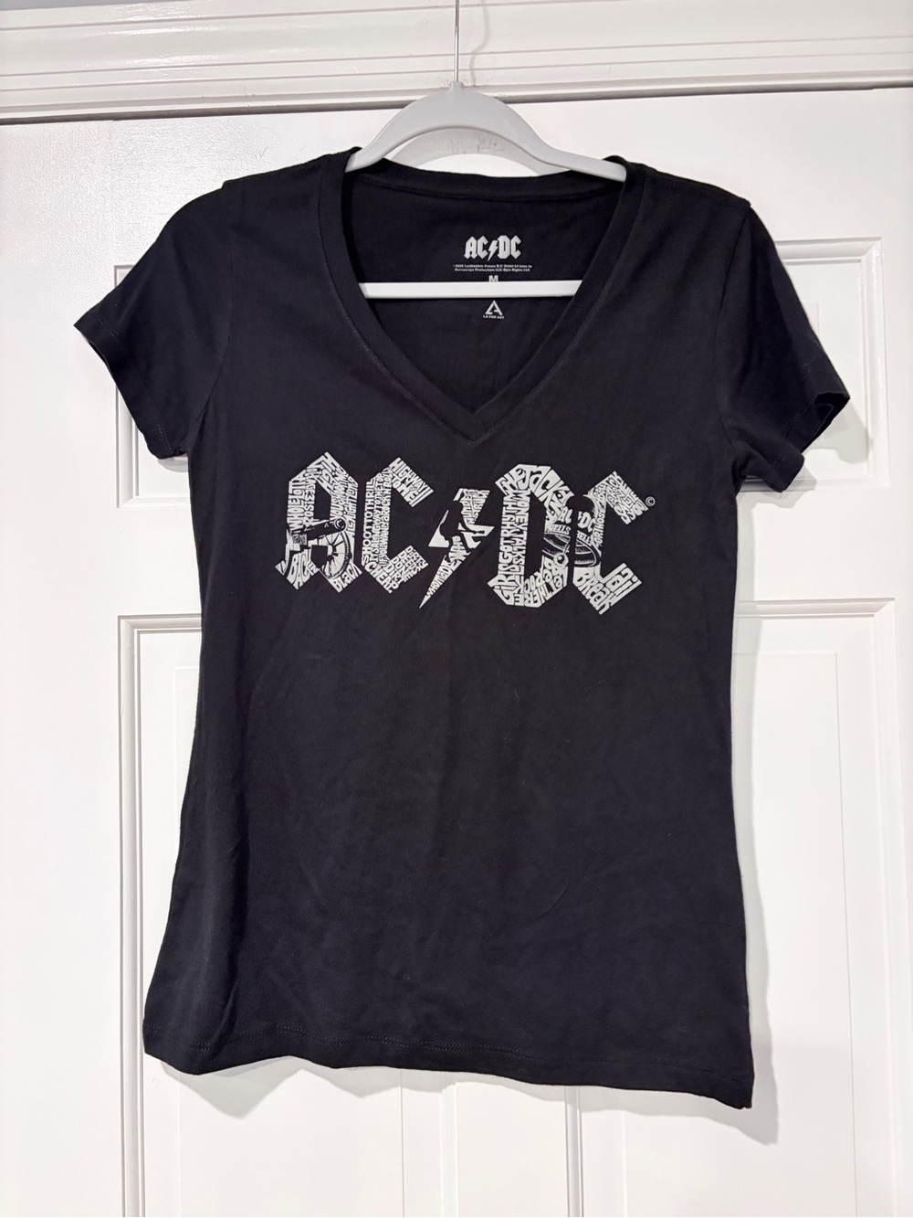 AC/DC Black V-Neck Logo Tee with White Graphic